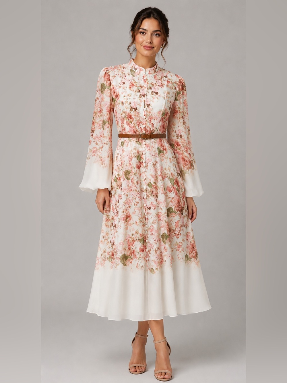 Commense White and Pink Floral Long-Sleeve Midi Dress with Belt